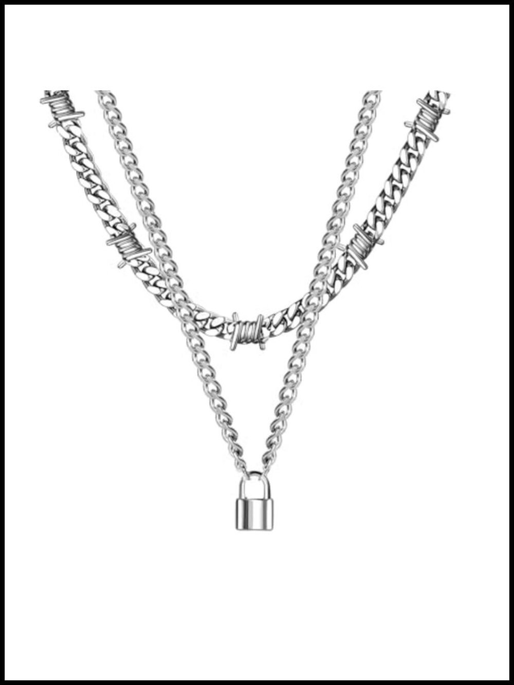 Stainless Steel Layered Choker Necklace with Lock Pendant Gothic Punk Style